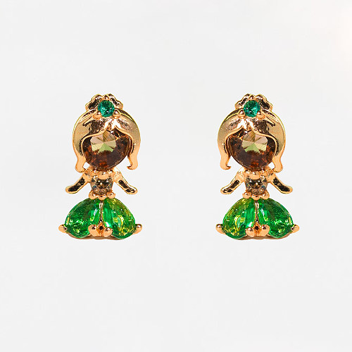 1 conjunto de brincos de orelha folheados a ouro 18K com zircônia assimétrica de latão e personagem de desenho animado de princesa