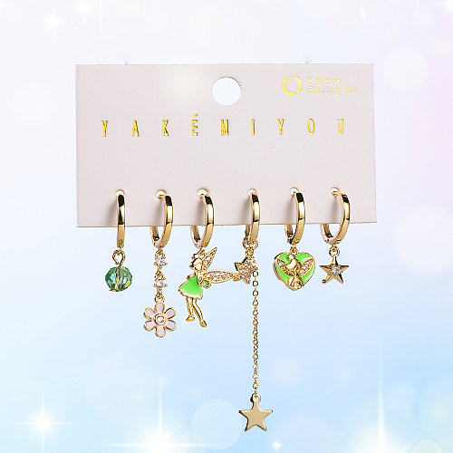 1 Set Yakemiyou Cute Sweet Cartoon Elf Flower Asymmetrical Chain Copper Zircon 14K Gold Plated Drop Earrings