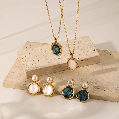 Commute Oval Copper Plating Inlay Freshwater Pearl Shell 18K Gold Plated Earrings Necklace