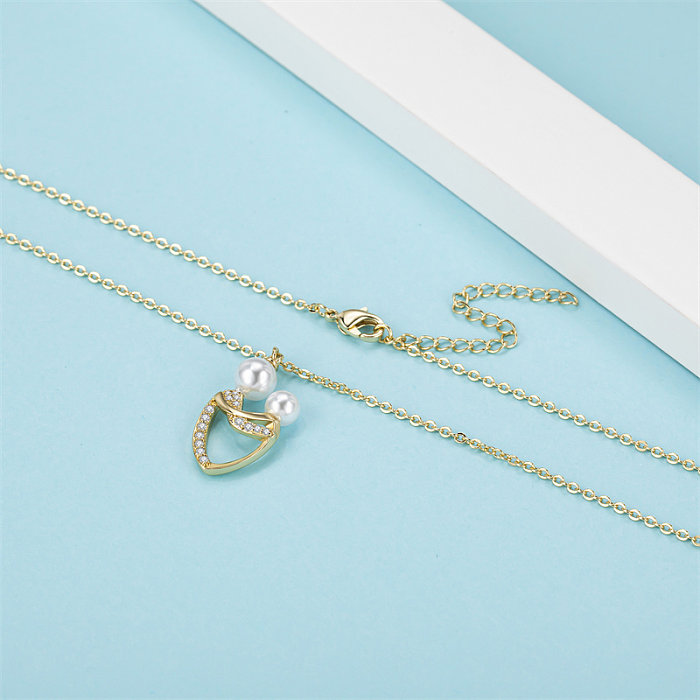 Casual Simple Style Classic Style Heart Shape Copper Gold Plated Artificial Pearls Artificial Diamond Pendant Necklace In Bulk