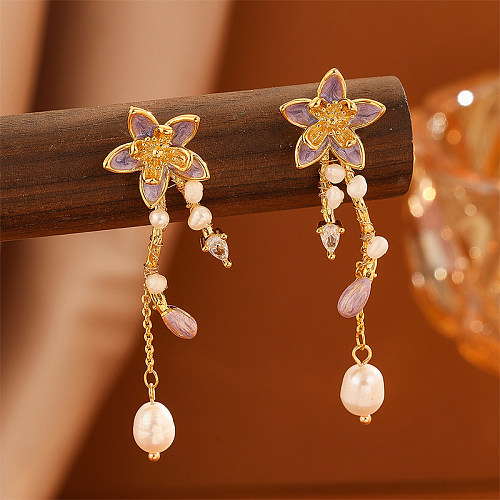 1 par de pendientes colgantes de perlas de agua dulce de cristal de cobre con incrustaciones de flores de pentagrama de estilo británico Simple