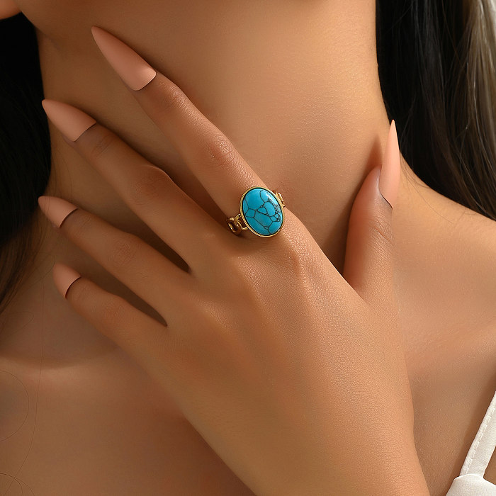 Classic Style Marble Oval Stainless Steel Plating Inlay Turquoise 18K Gold Plated Open Rings