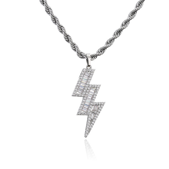 Micro incrustado diamante completo zircão relâmpago pendente torção colar de aço inoxidável atacado