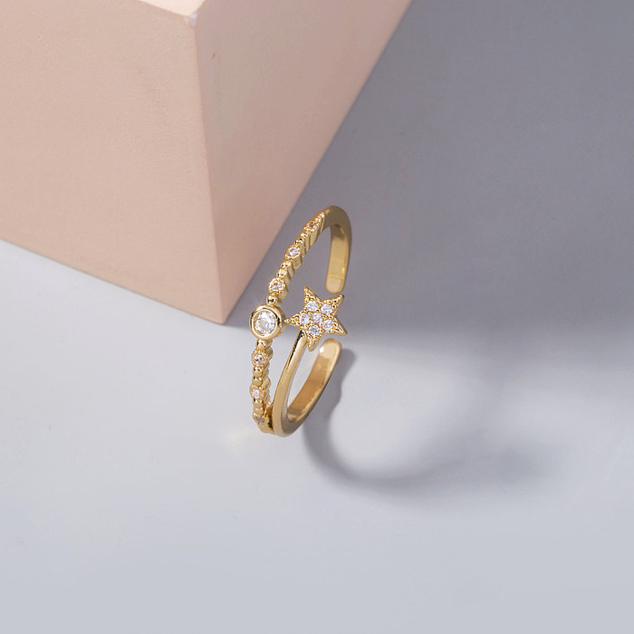 Anillo abierto de diamantes de imitación con incrustaciones de cobre y estrella redonda de moda de 1 pieza
