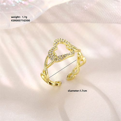 Lässige, süße, glänzende, herzförmige Verkupferungs-Inlay-Zirkon-Weißgold-plattierte, vergoldete offene Ringe