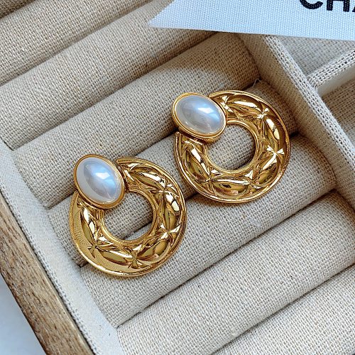 1 Paar moderne runde Ohrhänger mit Inlay aus Kupfer und künstlichen Perlen