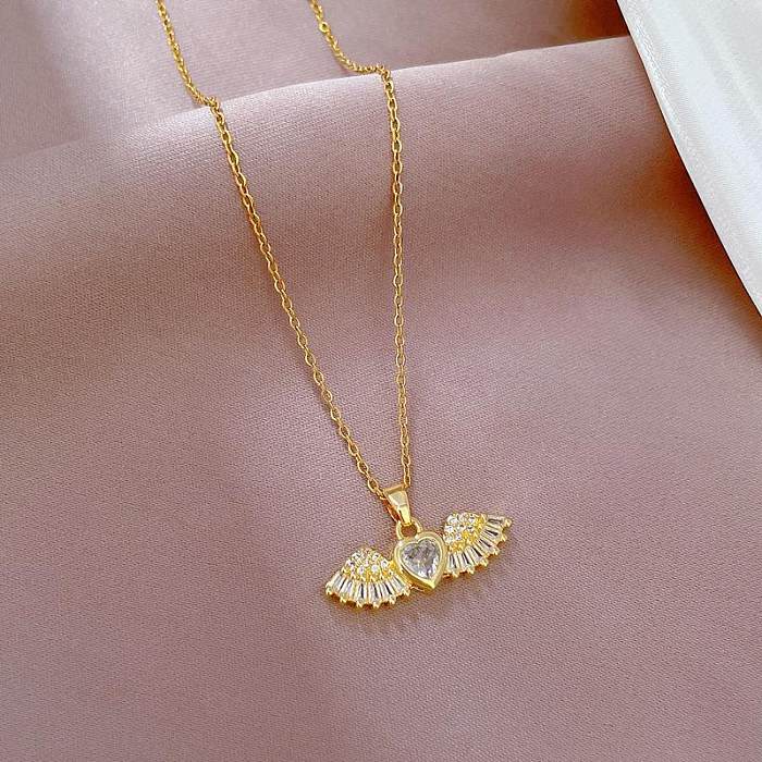 Elegant Lady Angel Wings Heart Shape Stainless Steel Copper Zircon Pendant Necklace In Bulk
