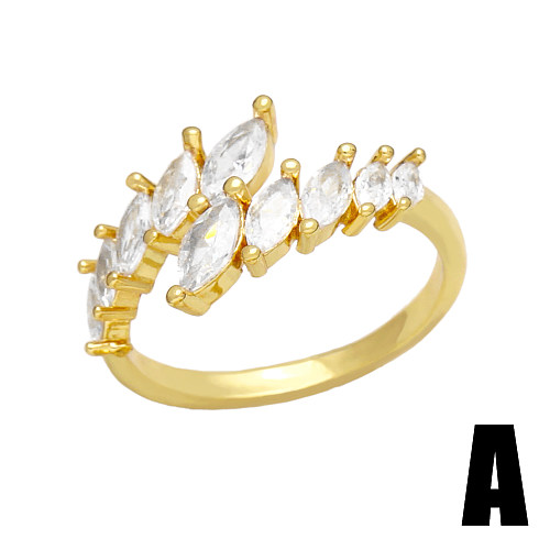 Shiny Leaves Heart Shape Copper 18K Gold Plated Zircon Open Ring In Bulk