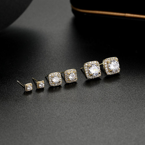 Fashion Square Copper Ear Studs Inlay Zircon Copper Earrings 3 Pairs