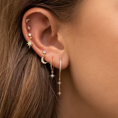 Fashion Star Moon Copper Inlay Artificial Diamond Drop Earrings 6 Pieces