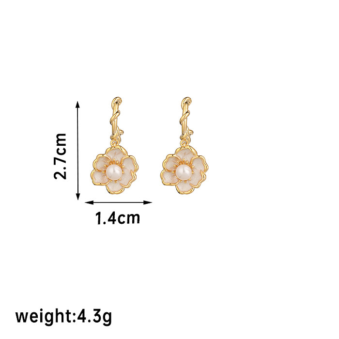 1 Pair Elegant Simple Style Korean Style Flower Epoxy Plating Inlay Copper Freshwater Pearl 18K Gold Plated Drop Earrings