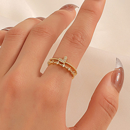 Fashion Double Layers Heart Zircon Inlaid Open Copper Ring