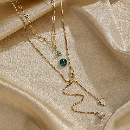 Doppelschichtige Halsketten im IG-Stil in Herzform mit Kupferperlenbeschichtung und Zirkoneinlage, 18 Karat vergoldet