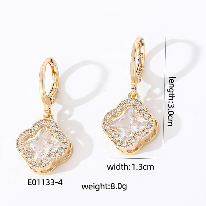 1 Pair Casual Sweet Shiny Four Leaf Clover Inlay Copper Zircon Drop Earrings