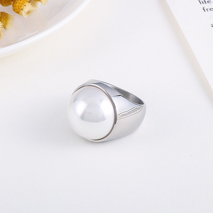 Elegant Retro Lady Round Stainless Steel Inlay Artificial Pearls Rings