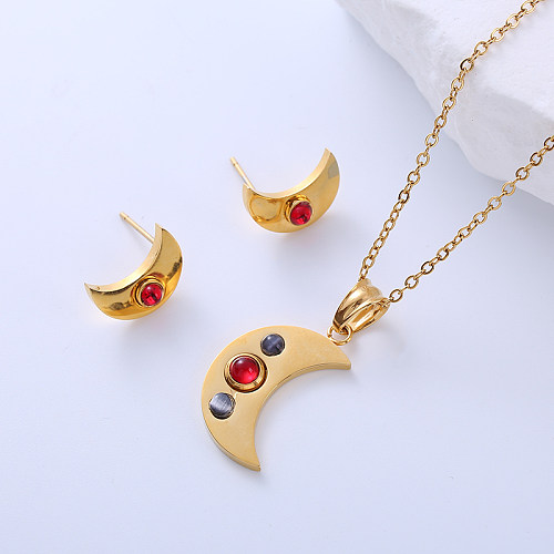 Simple Style Moon Stainless Steel Plating Artificial Gemstones 18K Gold Plated Earrings Necklace Jewelry Set