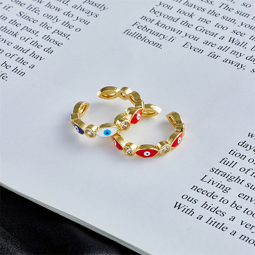 Micro-conjunto banhado a cobre 18K ouro zircão gotejamento óleo olho do diabo anel aberto moda feminina