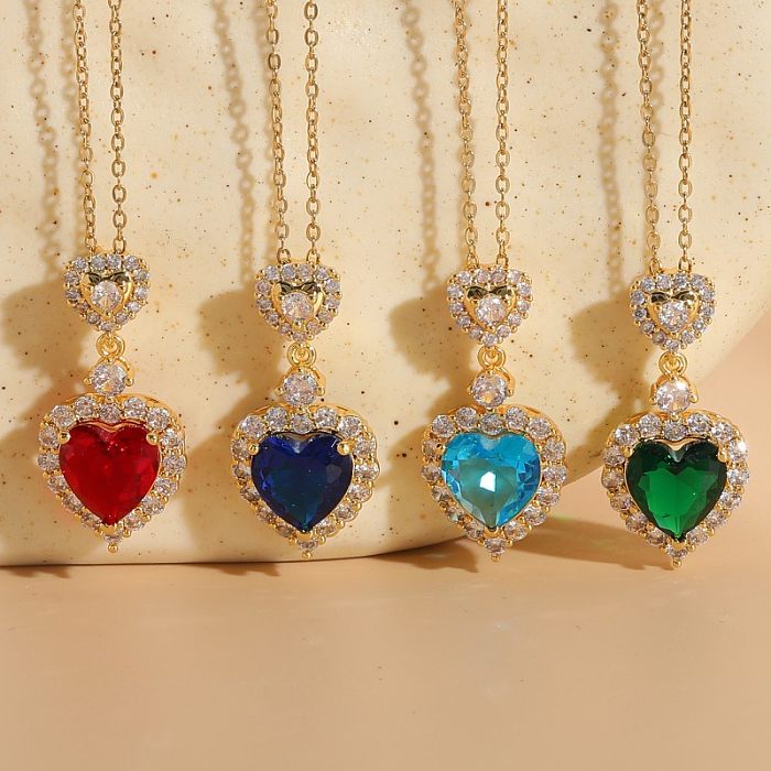 Luxurious Classic Style Heart Shape Copper Plating Inlay Zircon 14K Gold Plated Pendant Necklace