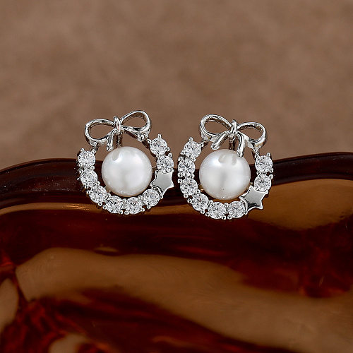 1 paire de clous d'oreilles en cuivre et Zircon, Style Simple, incrustation de nœud papillon