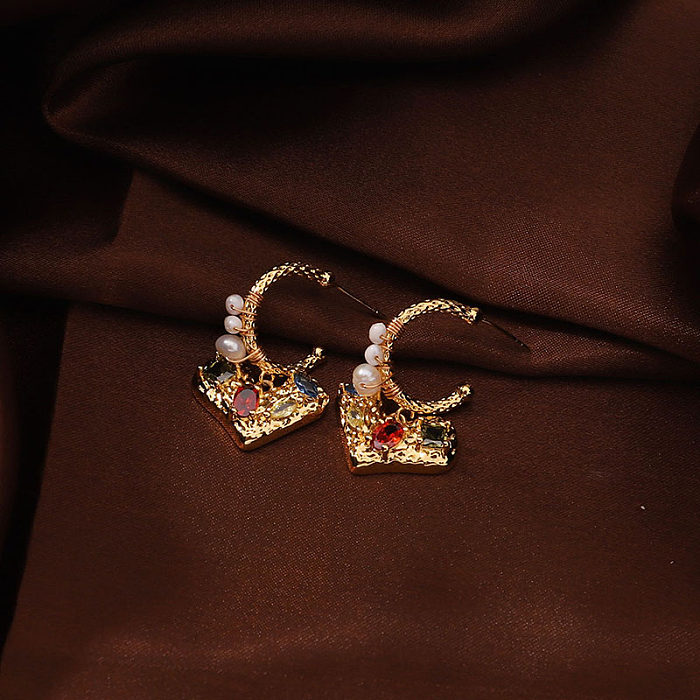 1 Pair Retro Commute Heart Shape Pearl Plating Inlay Copper Zircon 18K Gold Plated Drop Earrings