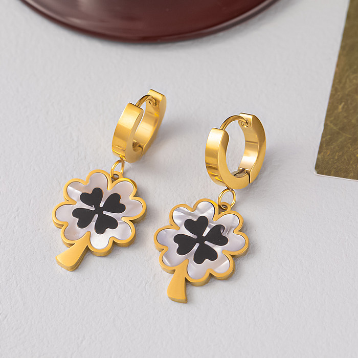 Wholesale Vintage Style Four Leaf Clover Flower Titanium Steel Gold Plated Shell Earrings Necklace