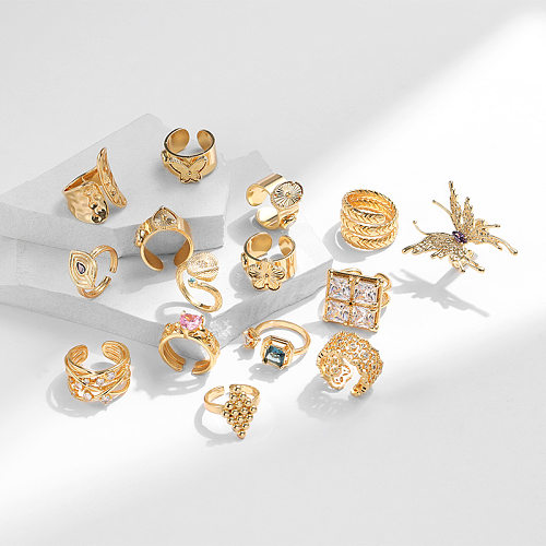 Anéis abertos de zircão com incrustação de cobre em formato de coração streetwear
