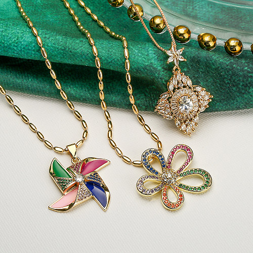 Elegant Flower Windmill Copper Plating Inlay Zircon 18K Gold Plated Pendant Necklace