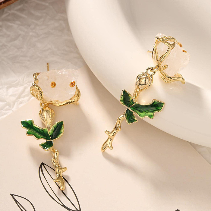 1 Pair Elegant Korean Style Leaves Flower Enamel Inlay Copper Artificial Gemstones Drop Earrings