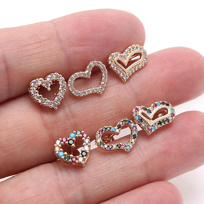 1 Pair Simple Style Heart Shape Inlay Copper Zircon Gold Plated Ear Studs