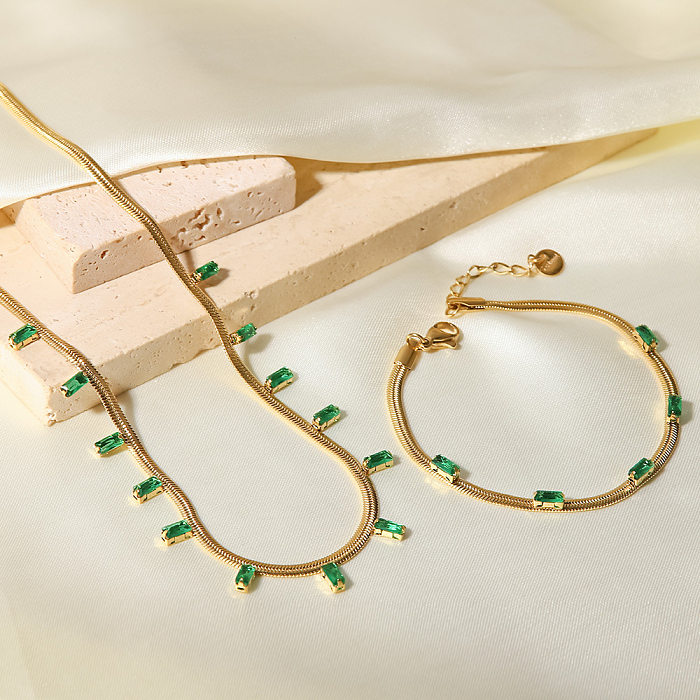 Colar de pulseiras de zircão banhado a ouro de aço inoxidável quadrado da moda