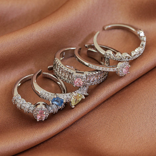 Anéis abertos banhados a ouro branco de zircão geométrico romântico elegante com chapeamento de cobre