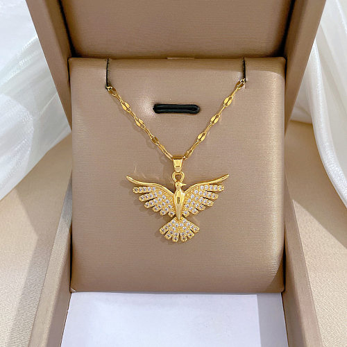 Elegant Luxurious Phoenix Stainless Steel Copper Plating Inlay Rhinestones Pendant Necklace