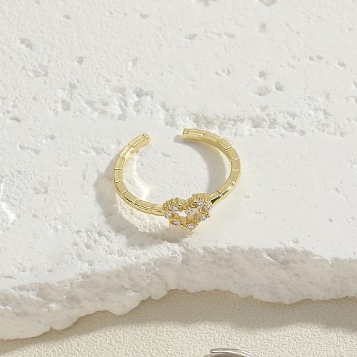 IG Style Heart Shape Solid Color Copper Plating Inlay Zircon 14K Gold Plated Open Rings