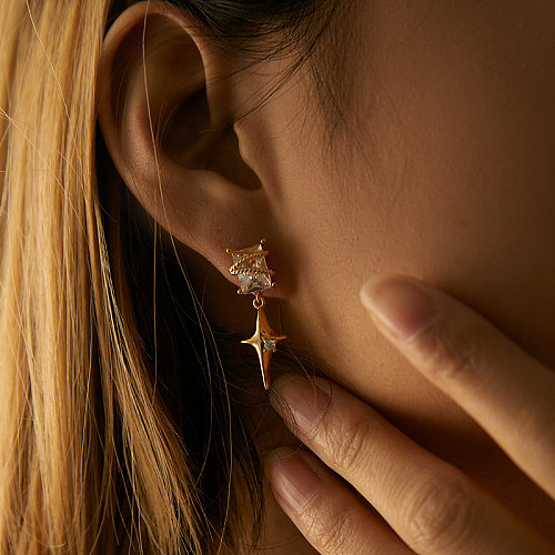 1 paire de boucles d'oreilles en cuivre et Zircon pour femmes, Style Simple, placage d'étoile, incrustation