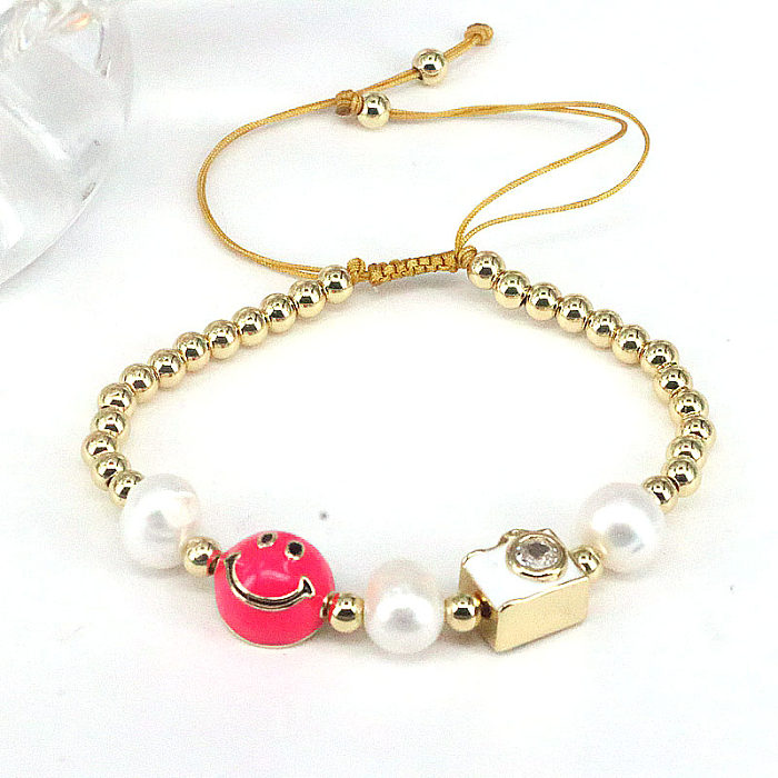 Cute Round Smiley Face Copper Enamel Pearl Inlay Zircon Bracelets 1 Piece