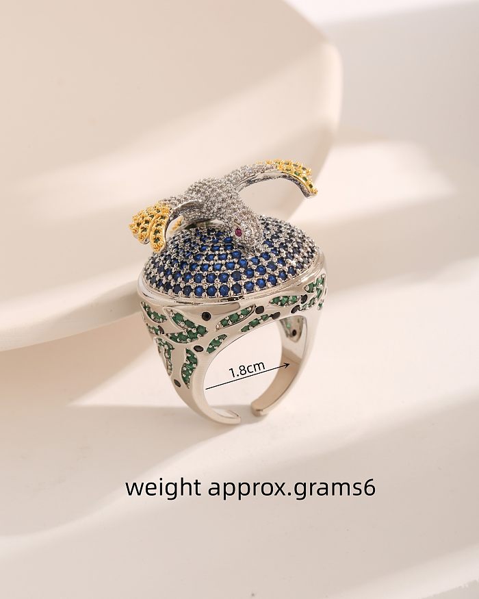 Exagerado luxuoso pássaro cobre chapeamento inlay zircon branco banhado a ouro anéis abertos