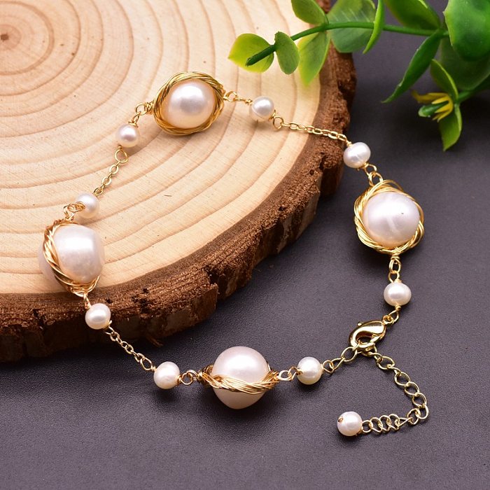Bracelets plaqués or 18 carats avec perles d'eau douce géométriques, Design Original