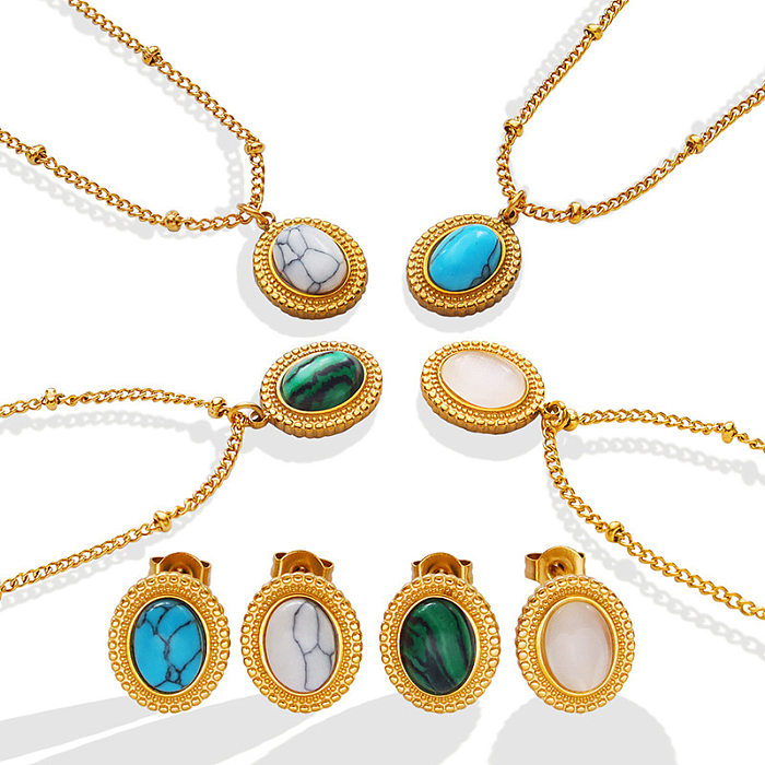Conjunto de colar e brincos de aço titânio com pingente de opala turquesa da moda