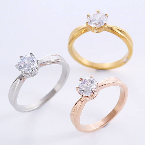 Estilo simples cor sólida chapeamento de aço inoxidável inlay zircon 18K banhado a ouro rosa anéis banhados a ouro