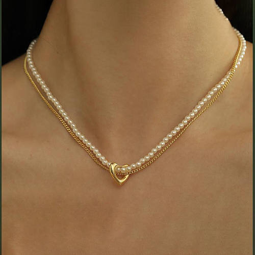 Colliers rétro en forme de cœur pour femme, Imitation de perles en cuivre, placage de perles, Double couche