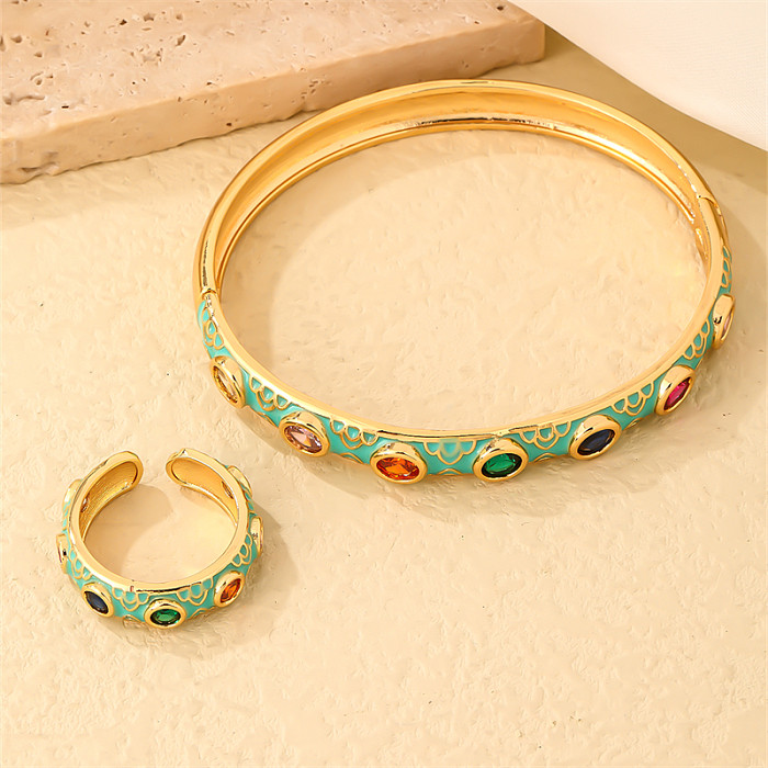 Casual Glam Shiny Round Devil'S Eye Copper Enamel Plating Inlay Zircon Gold Plated Rings Bracelets Jewelry Set