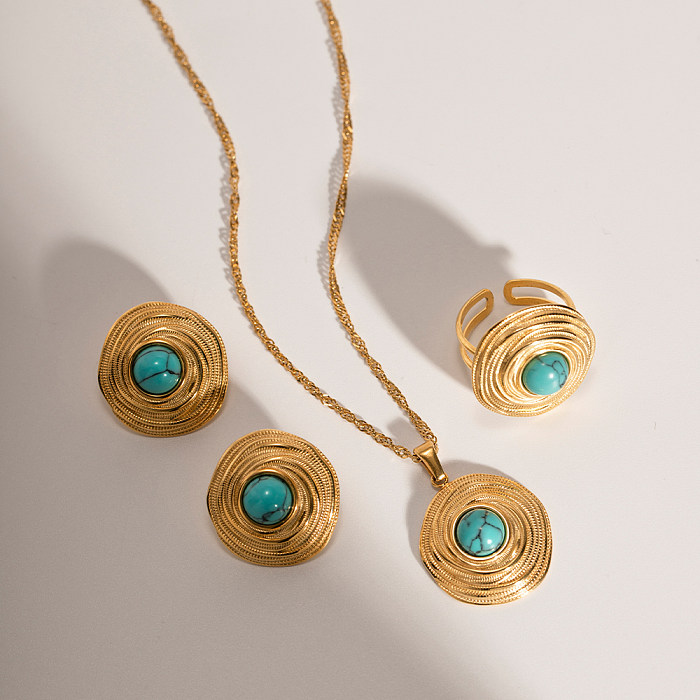 Elegante estilo vintage geométrico chapeamento de aço inoxidável turquesa 18K anéis banhados a ouro colar