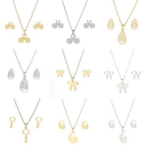 Style Simple lune vélo nœud papillon titane acier placage boucles d'oreilles collier 1 ensemble