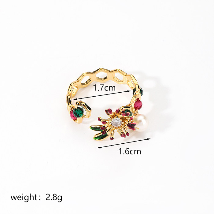 IG Style Elegant Flower Copper Plating Hollow Out Inlay Freshwater Pearl Zircon 18K Gold Plated Open Rings