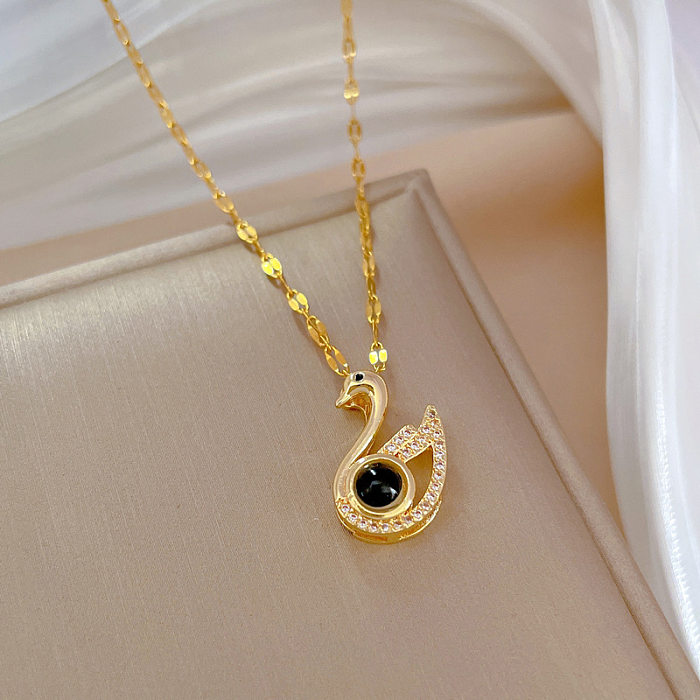 Fashion Swan Stainless Steel Copper Inlay Artificial Gemstones Pendant Necklace