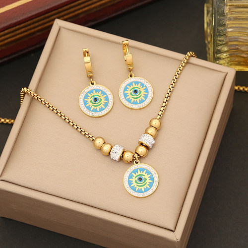 IG Style Simple Style rond oeil en acier inoxydable perlé placage incrustation Zircon Bracelets boucles d'oreilles collier