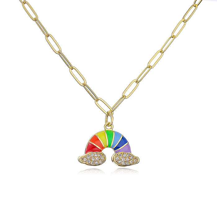 Fashion Copper Plating 18K Gold Zircon Dripping Moon Rainbow Pendant Necklace Female