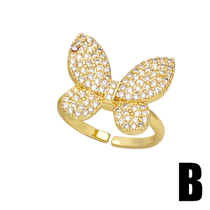 Offene Ringe im französischen Stil mit glänzender Blume, Schmetterling, Kupferbeschichtung, Inlay aus Zirkon, 18 Karat vergoldet