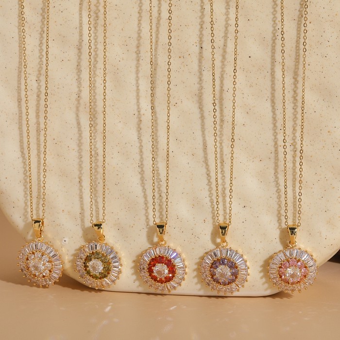 Elegant Luxurious Round Copper Plating Inlay Zircon 14K Gold Plated Pendant Necklace