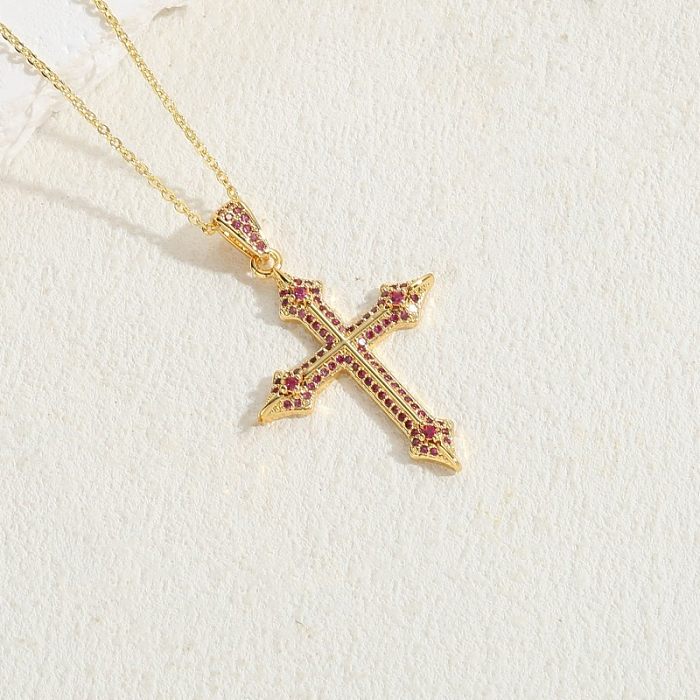 Elegant Luxurious Classic Style Cross Copper 14K Gold Plated Zircon Pendant Necklace In Bulk